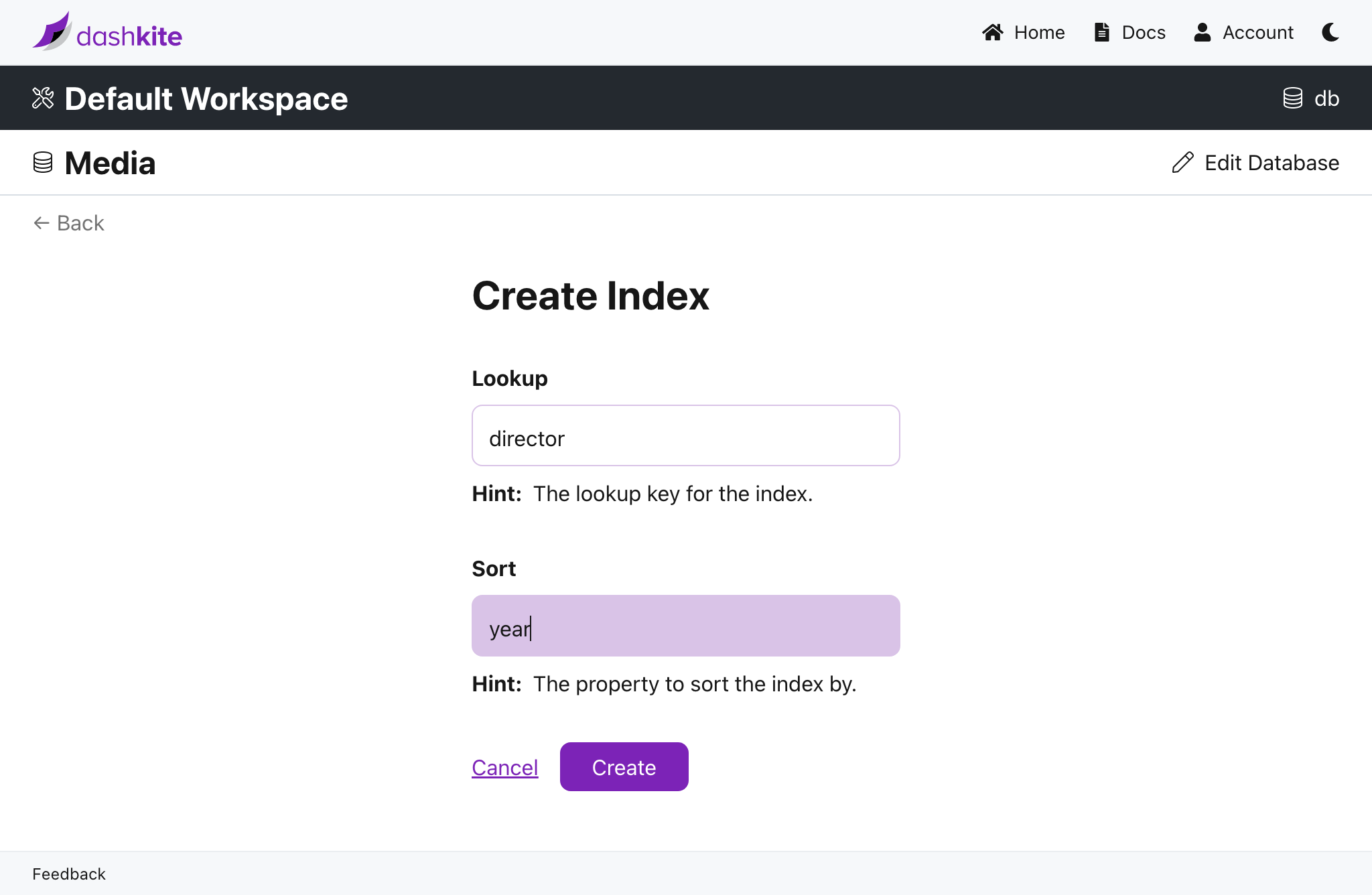 Create Index Screenshot